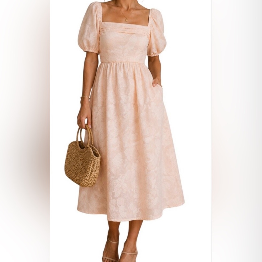 O.P.T. Leaf Print Puff Sleeve Square Neck Midi Dress Peach Large Flowy Sundress